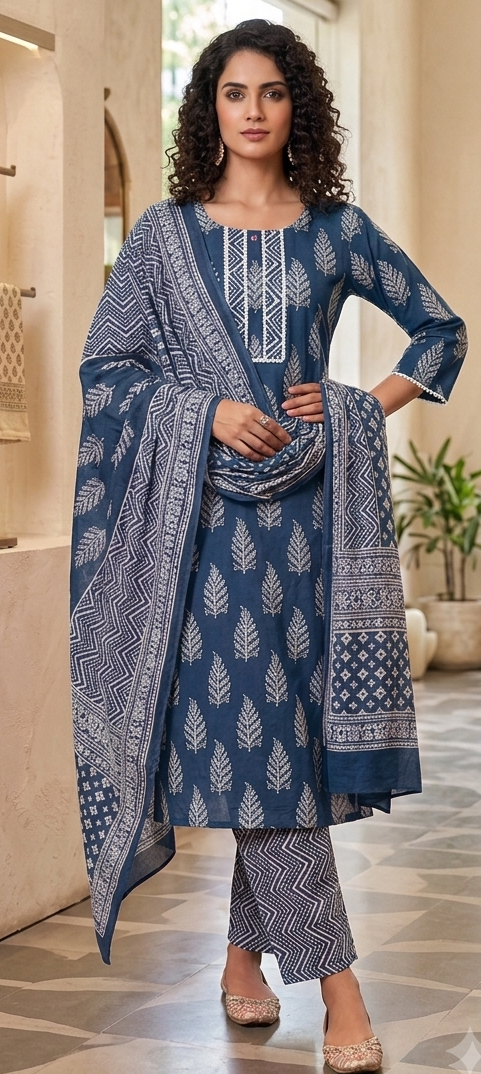 Blue colour pure cotton fabric 3 piece suit (Z0933)