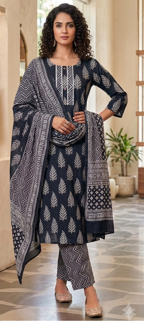 Black colour pure cotton fabric 3 piece suit (Z0932)