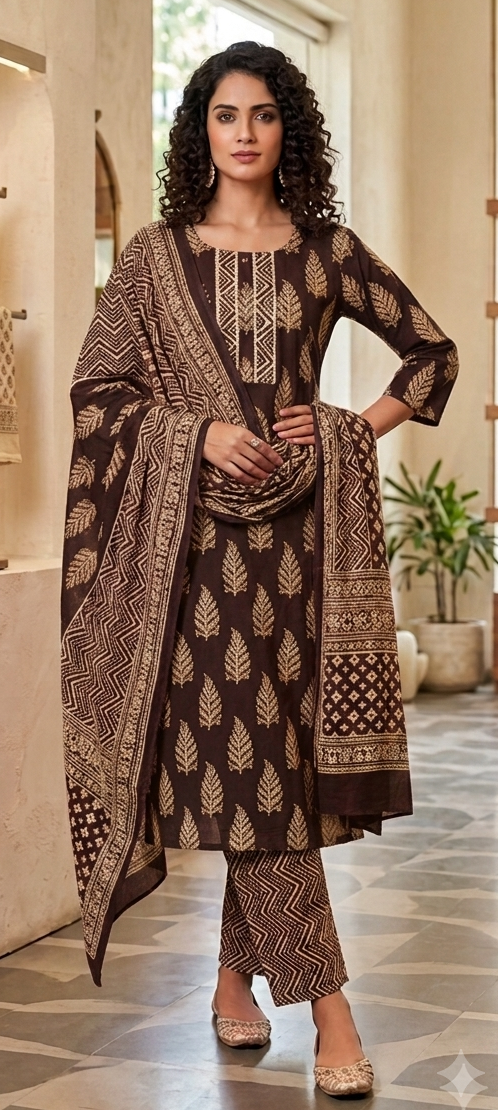 Coffee colour pure cotton fabric 3 piec suit (Z0935)