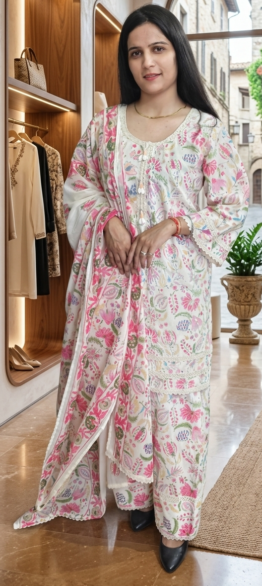 Cream colour malmal cotton fabric 3 piece suit with farshi salwar (Z0937)