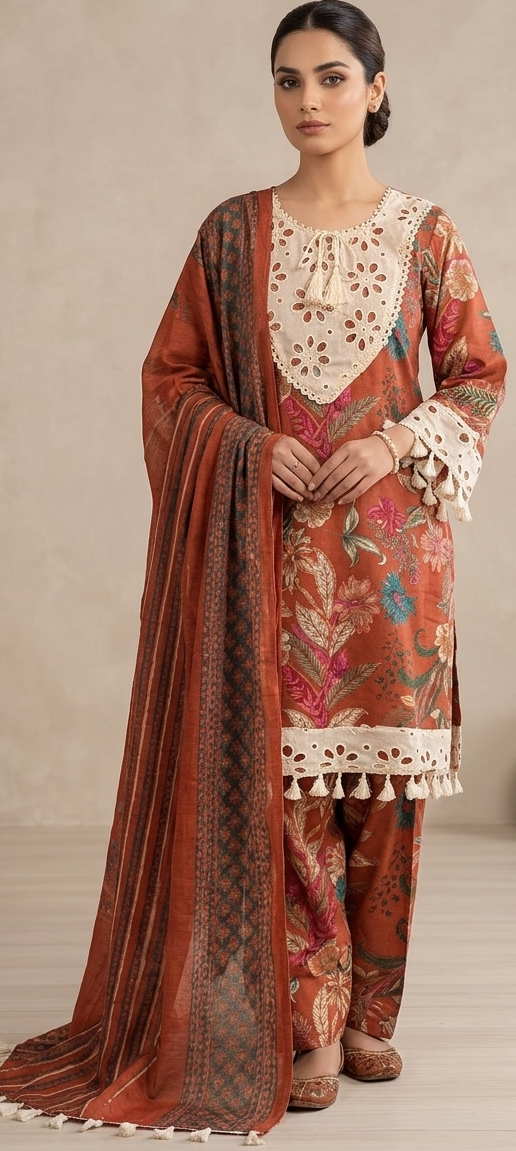 Rust colour pure cotton 3 piece suit with farshi salwar (Z0938)