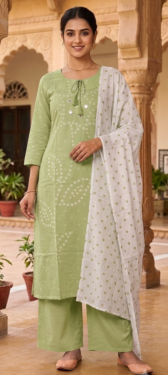 Green colour malmal cotton 3 piece suit (Z0942)