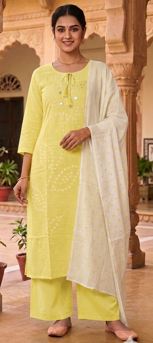 Yellow colour malmal cotton 3 piece suit (Z0944)
