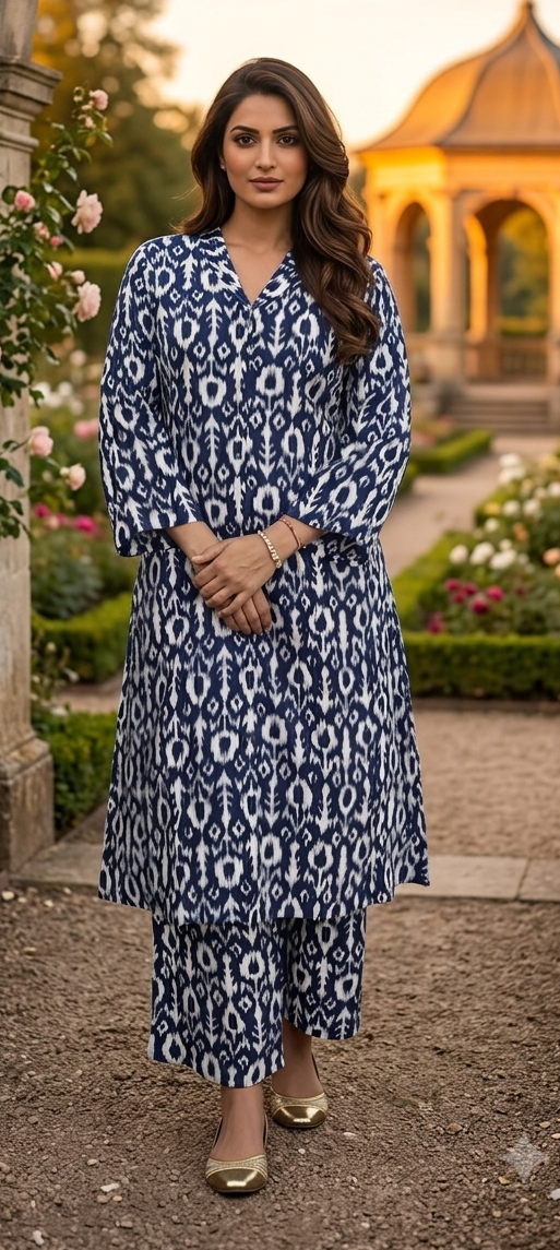 Blue colour reyon cotton fabric A-line Co-ordset (Z0944)