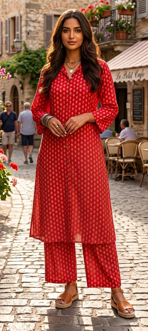 Red colour pure cotton fabric A-line Co-ordset (Z0945)