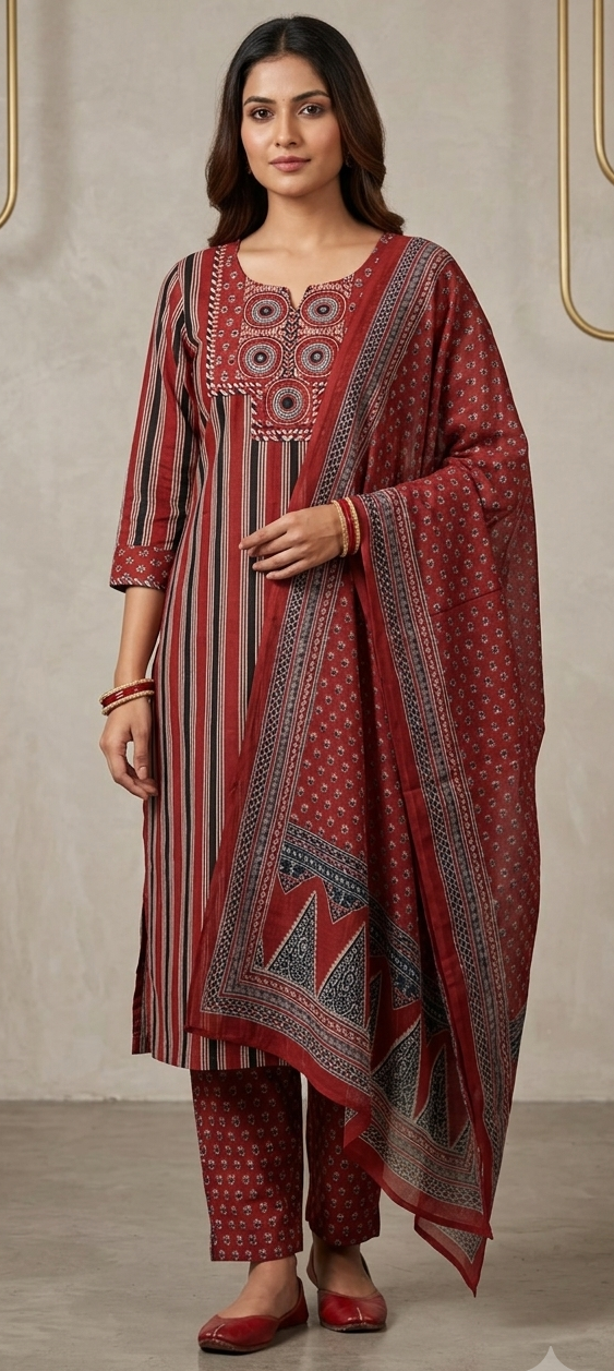 Rust colour reyon cotton fabric 3 piece suit (Z0950)
