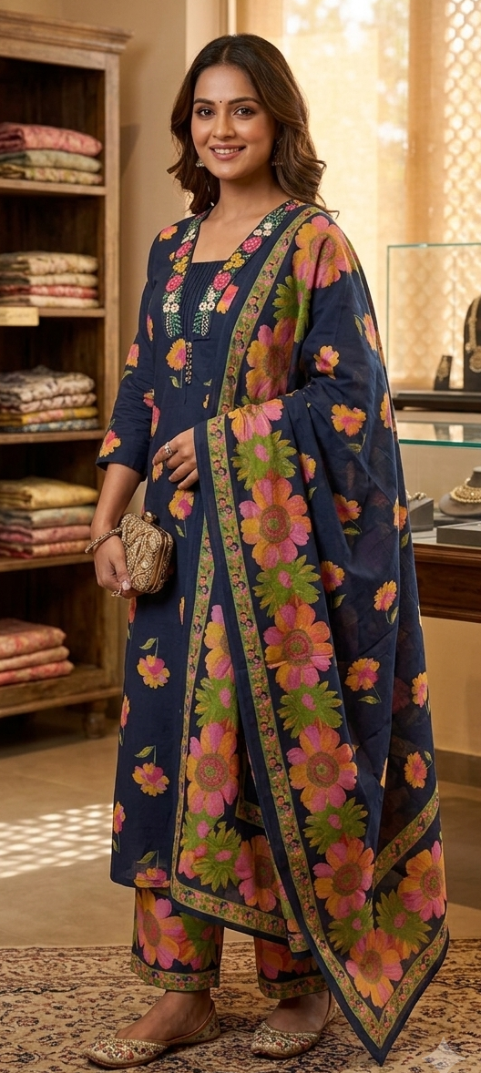 Blue colour cotton fabric 3 piece suit (Z0947)