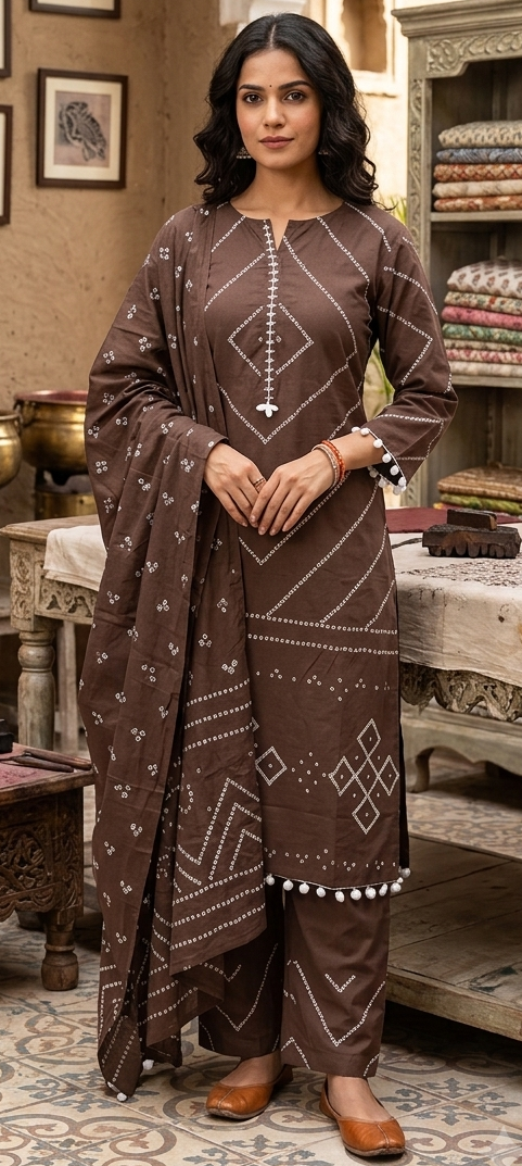 Coffee colour cotton fabric 3 piece suit (Z0949)