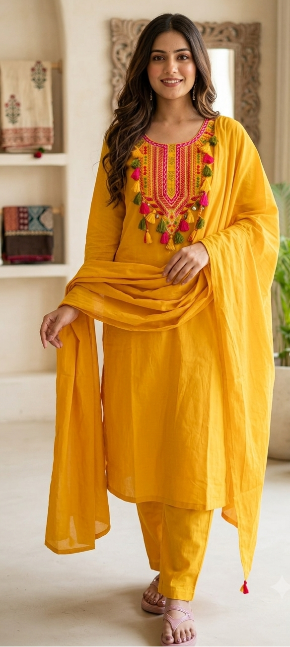Yellow colour pure cotton fabric 3 piece suit  (Z0954)