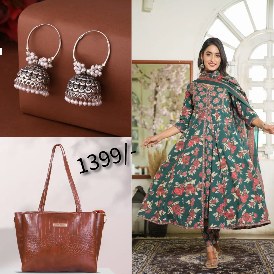 Floral Grace Combo – Anarkali Set, Earrings & Bag ( C9 )