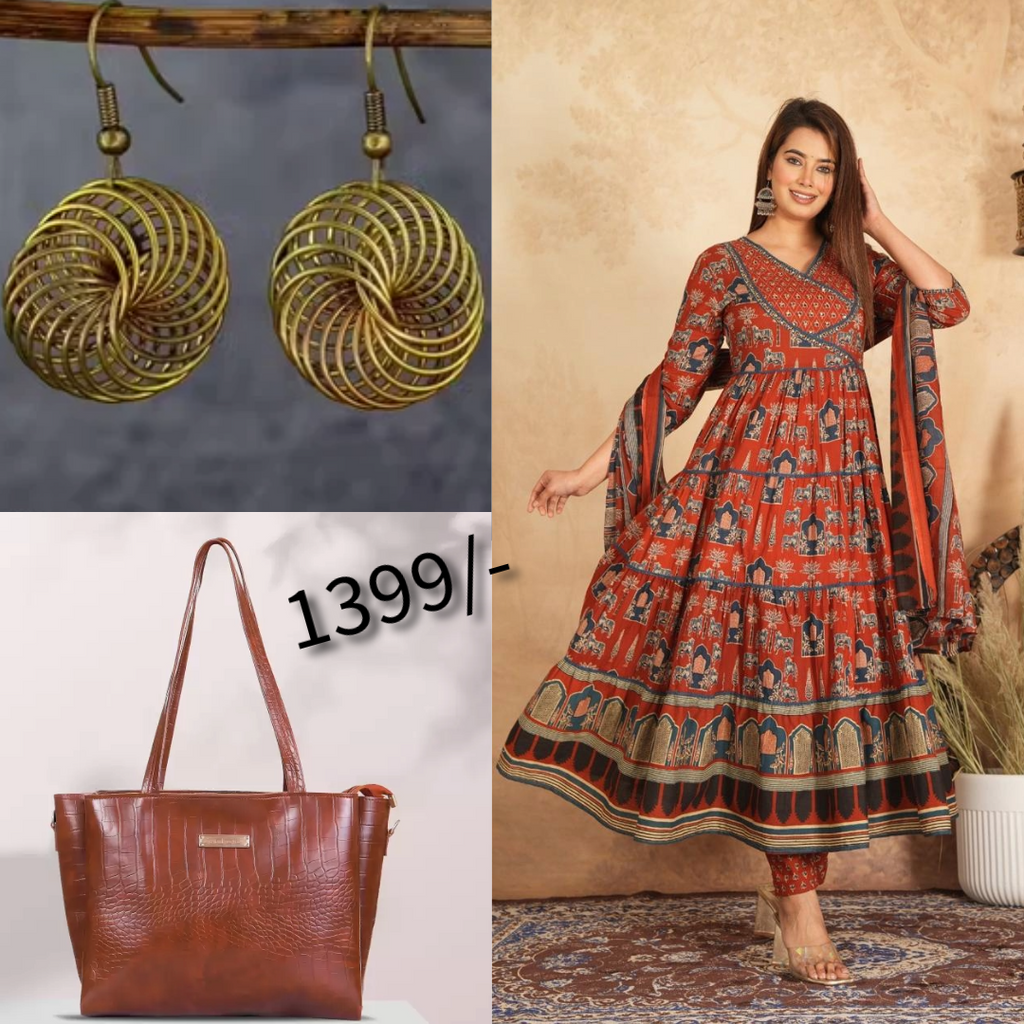 Rust Red Printed Anarkali 3-Piece Set earrings with hand bag combo (C4)