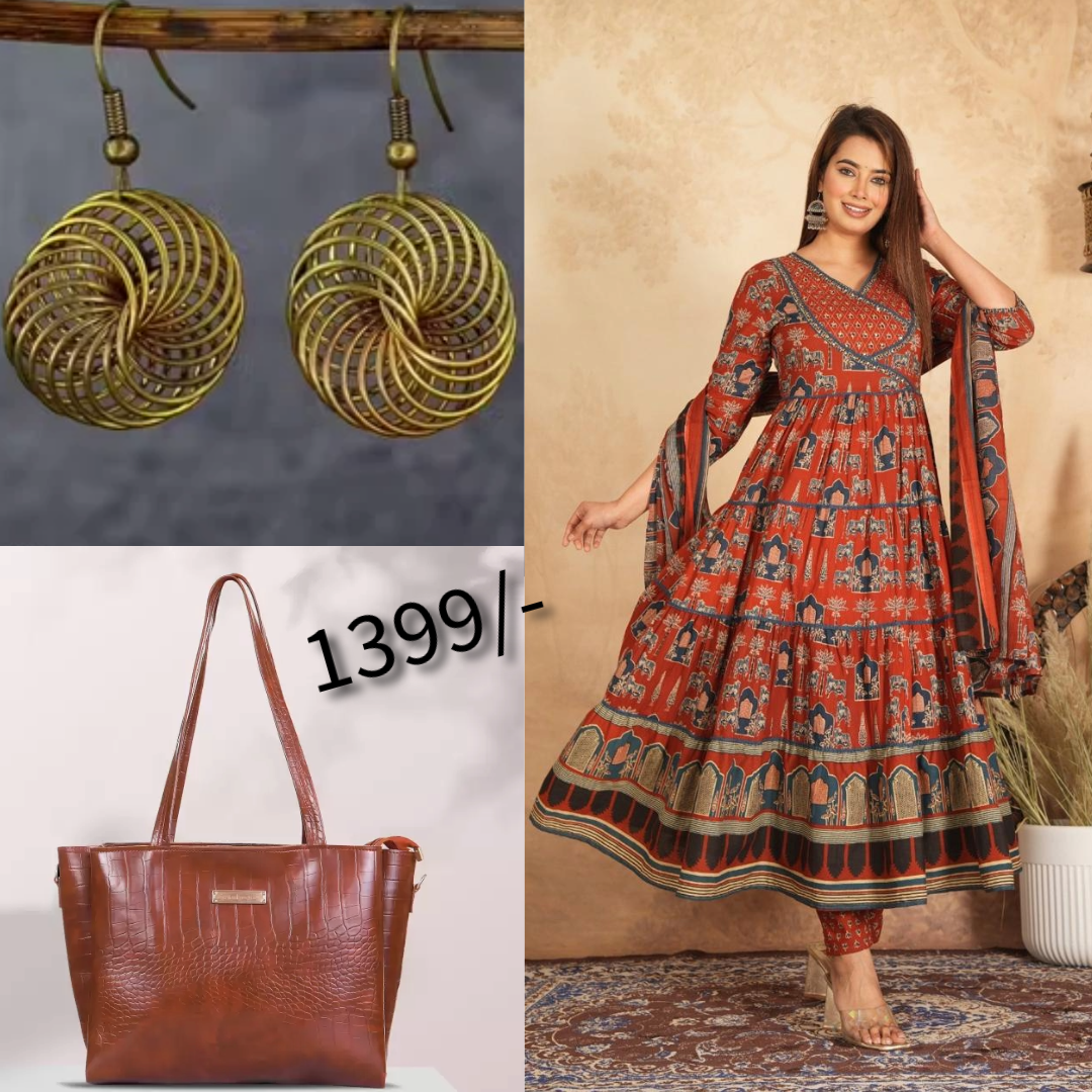 Rust Red Printed Anarkali 3-Piece Set earrings with hand bag combo (C4)