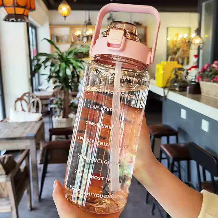 Transparent Motivational Water Bottles with Time Marker, Leakproof BPA-Free Fitness Sports Bottle (2000 ml, Multicolor)