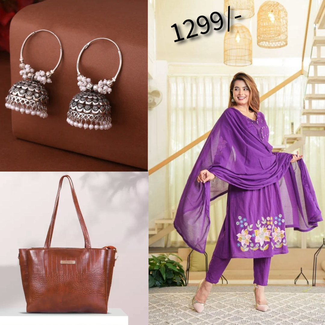 purple colour 3 piece kurta set with hand bag and earrings Combo (13)