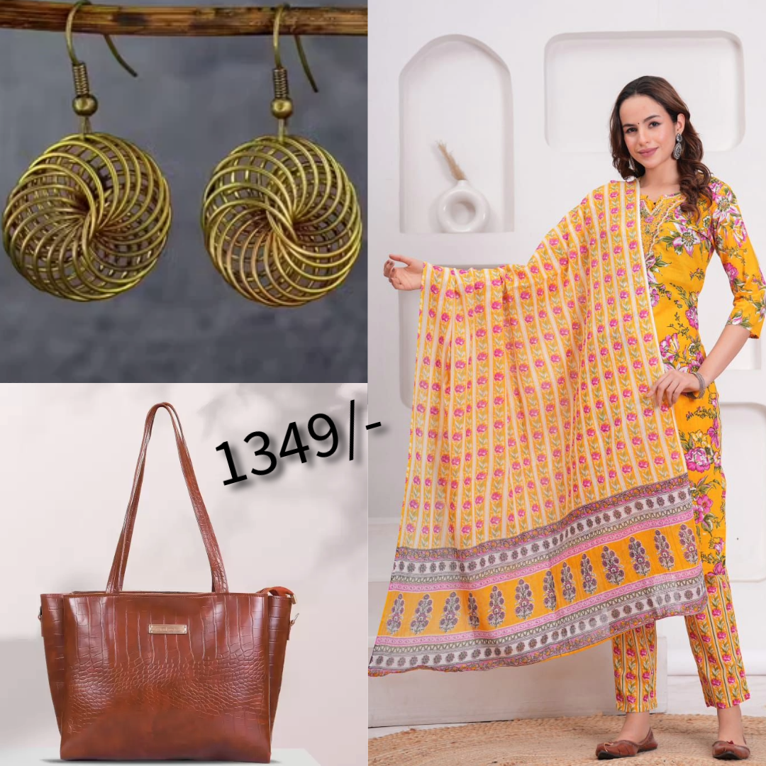 Yellow 3 piece Kurta Set and hand bag with earrings combo (14)