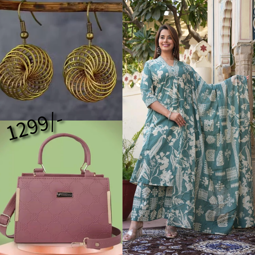 Teal Green Floral 3 piece Kurta Set with hand bag and earrings Combo (C18)