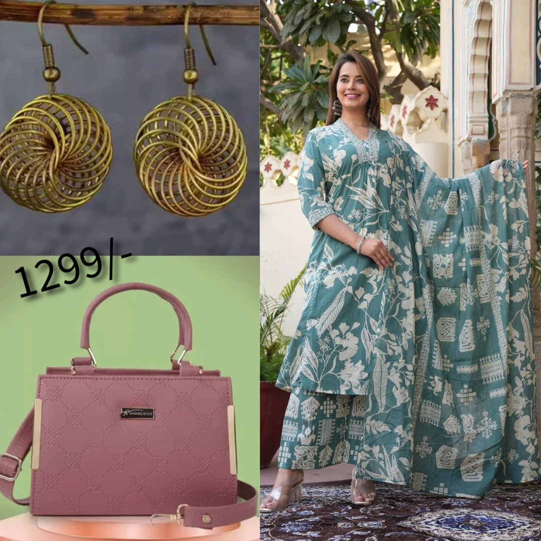 Teal Green Floral 3 piece Kurta Set with hand bag and earrings Combo (C18)