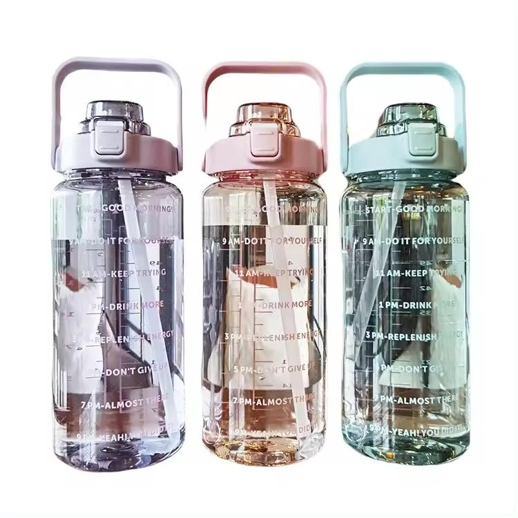 Transparent Motivational Water Bottles with Time Marker, Leakproof BPA-Free Fitness Sports Bottle (2000 ml, Multicolor)