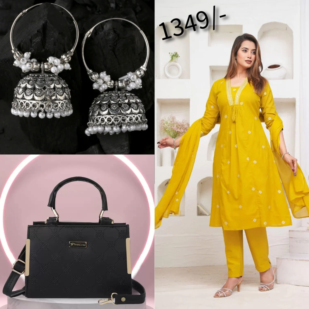 Mustard Yellow 3 piece Kurta with hand bag and earrings combo (C11)