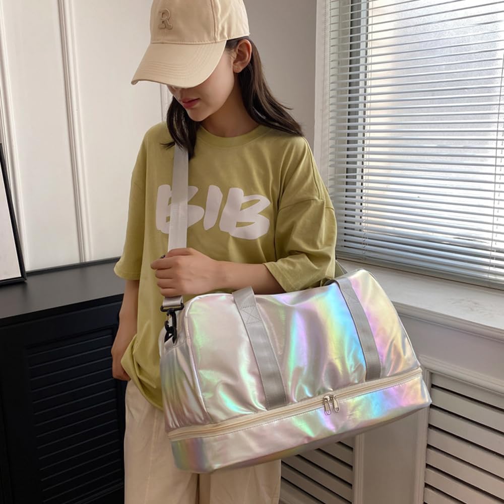 Sac de sport avec compartiment à chaussures et poche humide, sac de voyage, gymnastique, danse pour fille, sac de week-end pour femme, blanc, Sac de sport