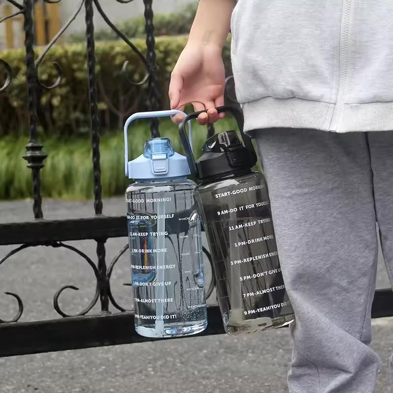 Transparent Motivational Water Bottles with Time Marker, Leakproof BPA-Free Fitness Sports Bottle (2000 ml, Multicolor)
