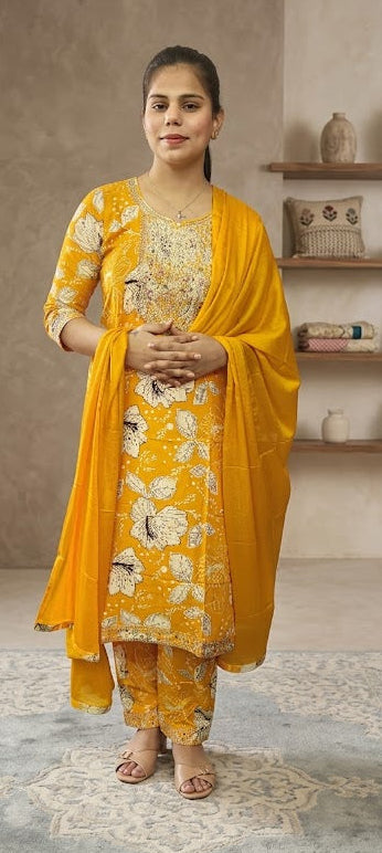Yellow colour cotton fabric 3 piece suit (Z0637)