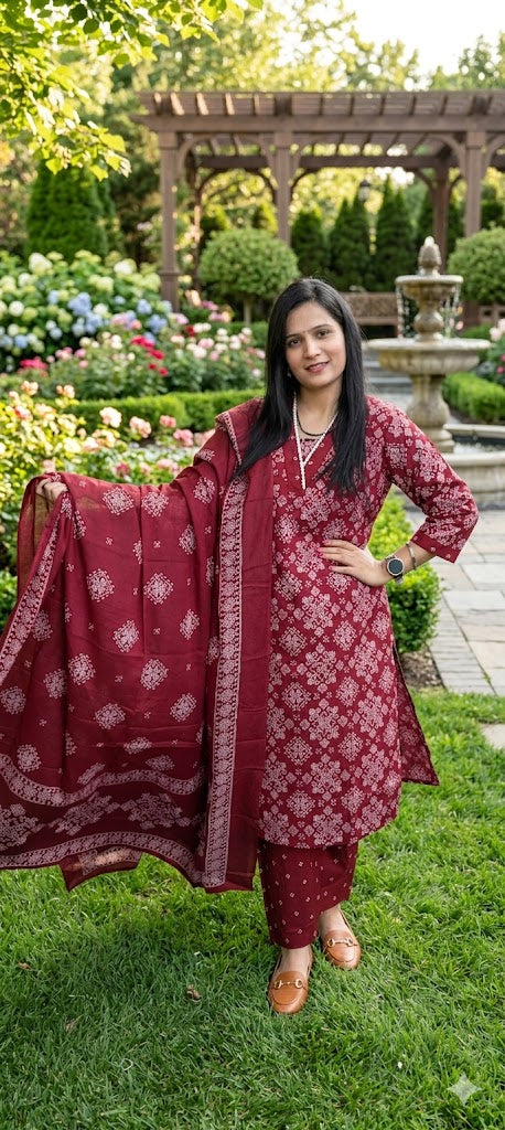 Red colour cotton fabric 3 piece suit (Z0633)
