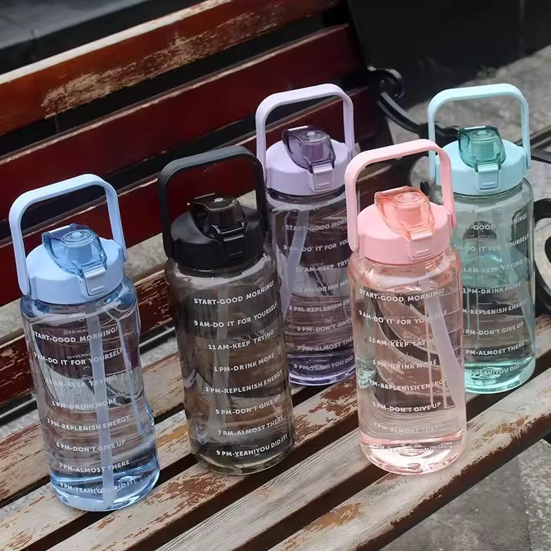 Transparent Motivational Water Bottles with Time Marker, Leakproof BPA-Free Fitness Sports Bottle (2000 ml, Multicolor)