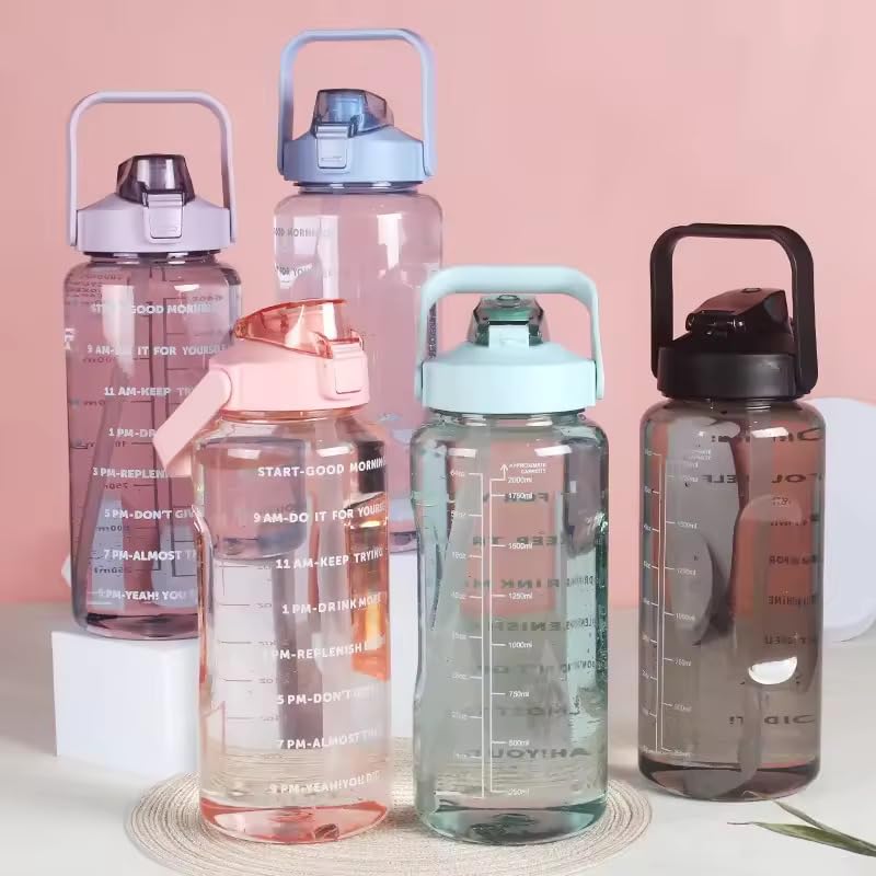 Transparent Motivational Water Bottles with Time Marker, Leakproof BPA-Free Fitness Sports Bottle (2000 ml, Multicolor)