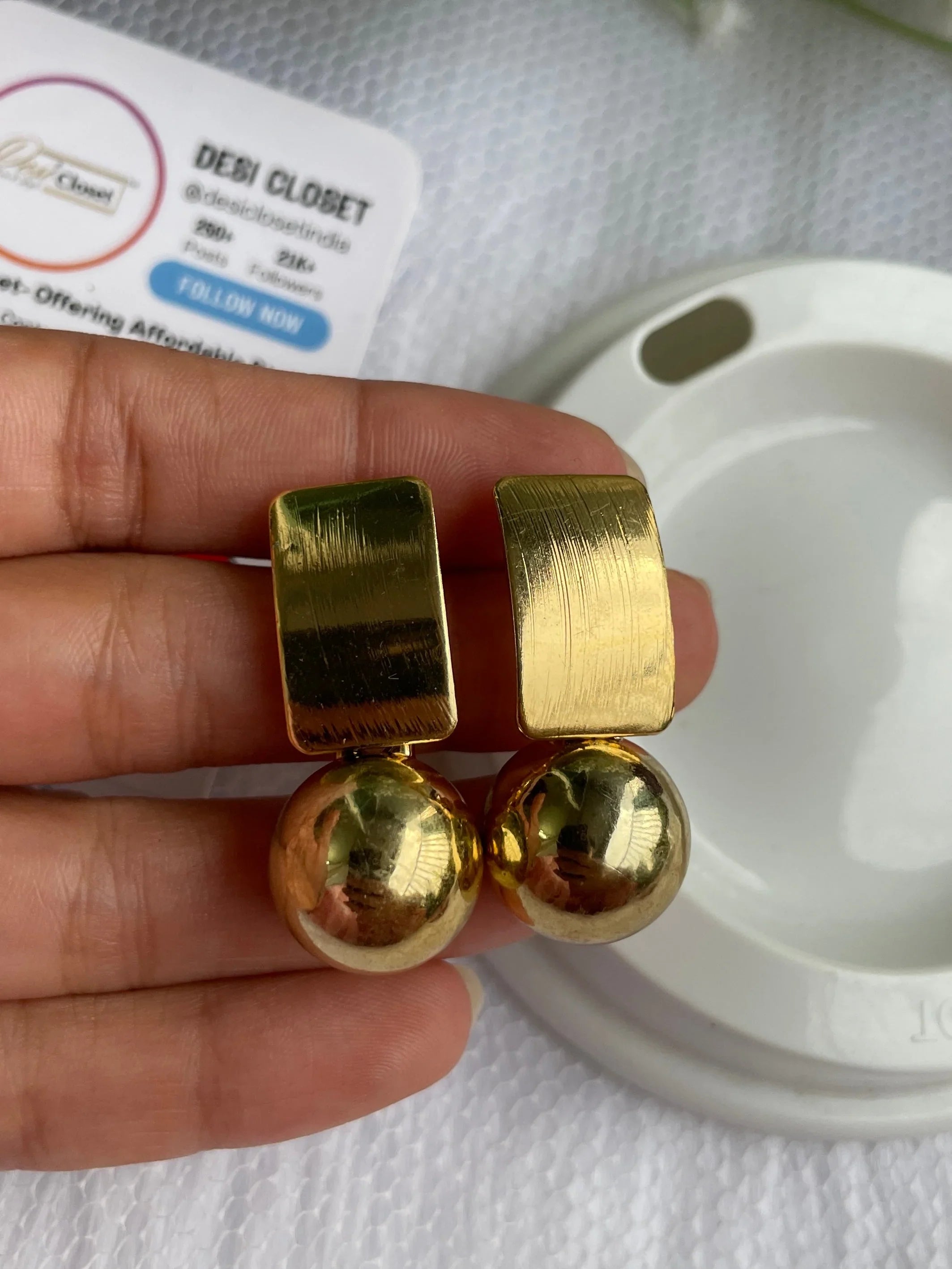 Gold Square Gold Ball Drop Earrings
