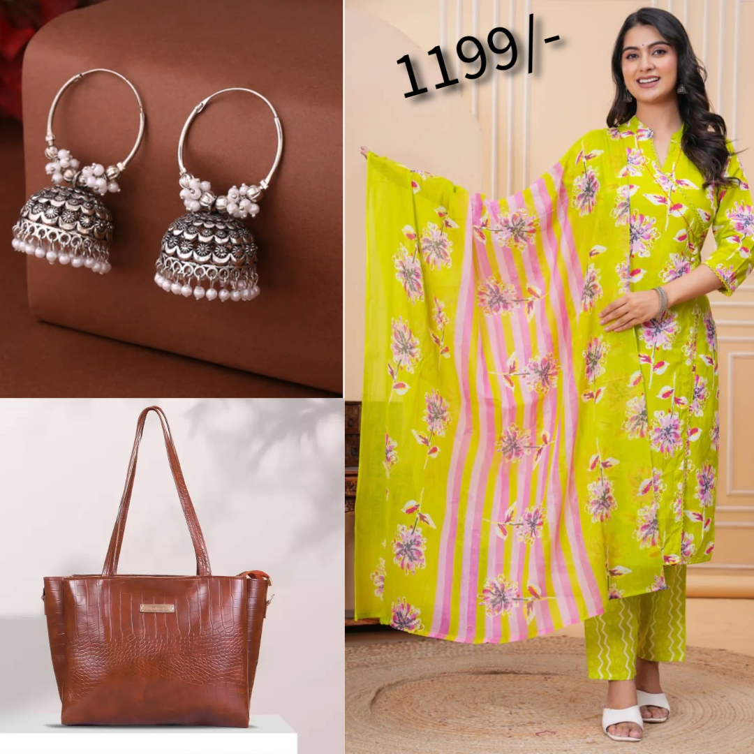 lemmon Green 3 piece Kurta and hand bag with earrings Combo (15)