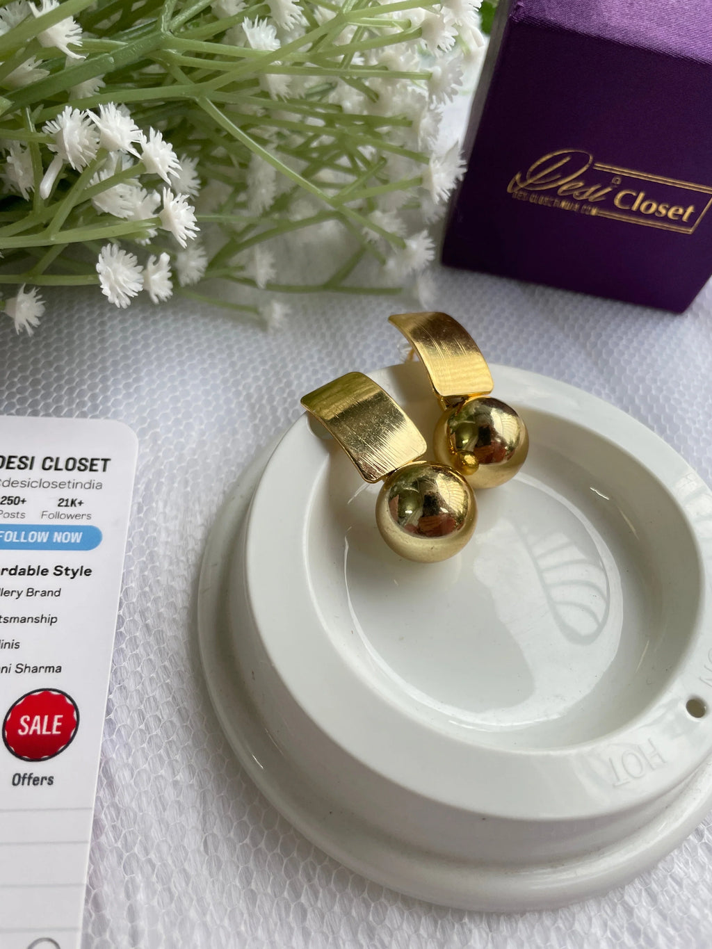 Gold Square Gold Ball Drop Earrings
