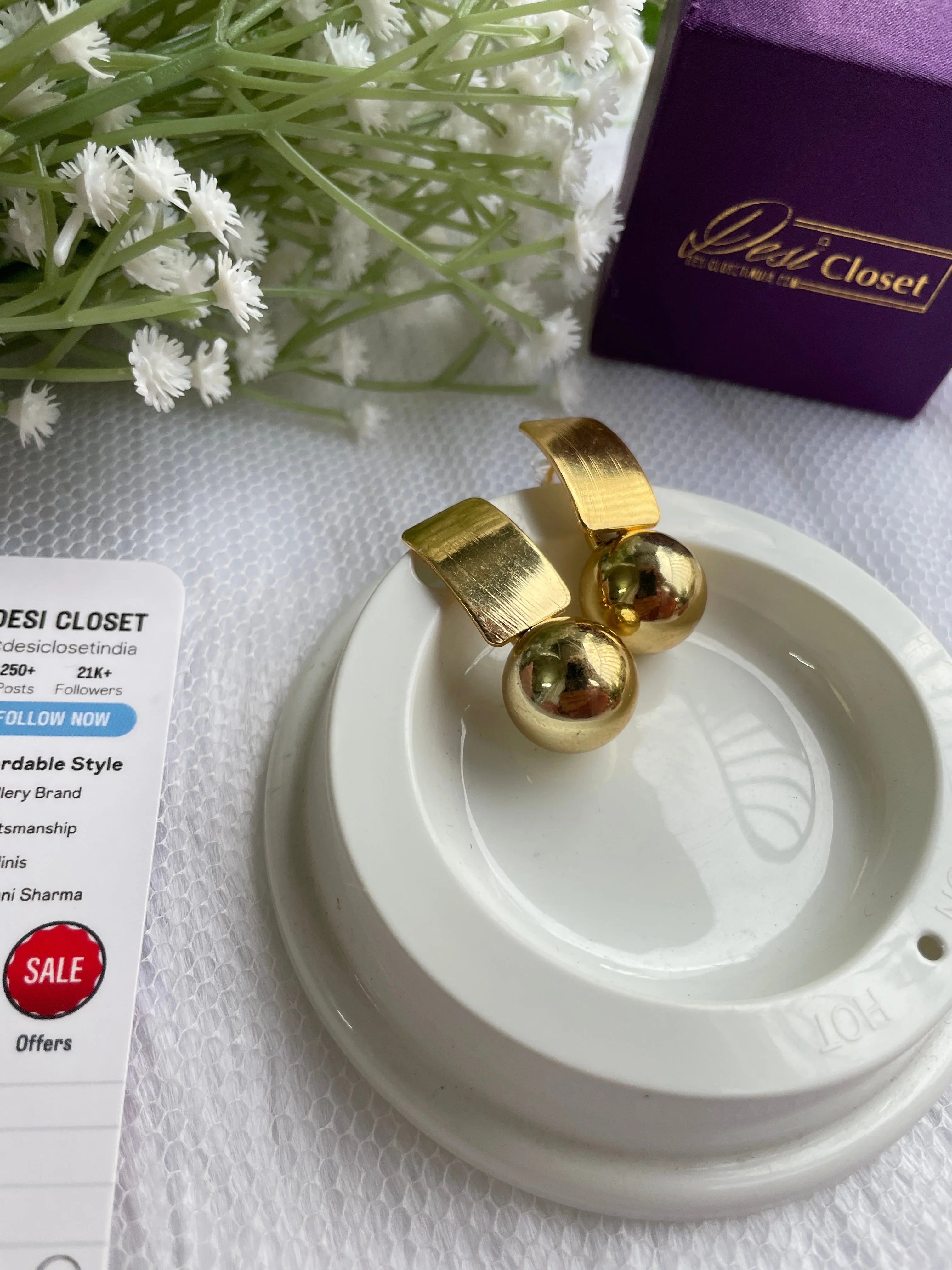 Gold Square Gold Ball Drop Earrings