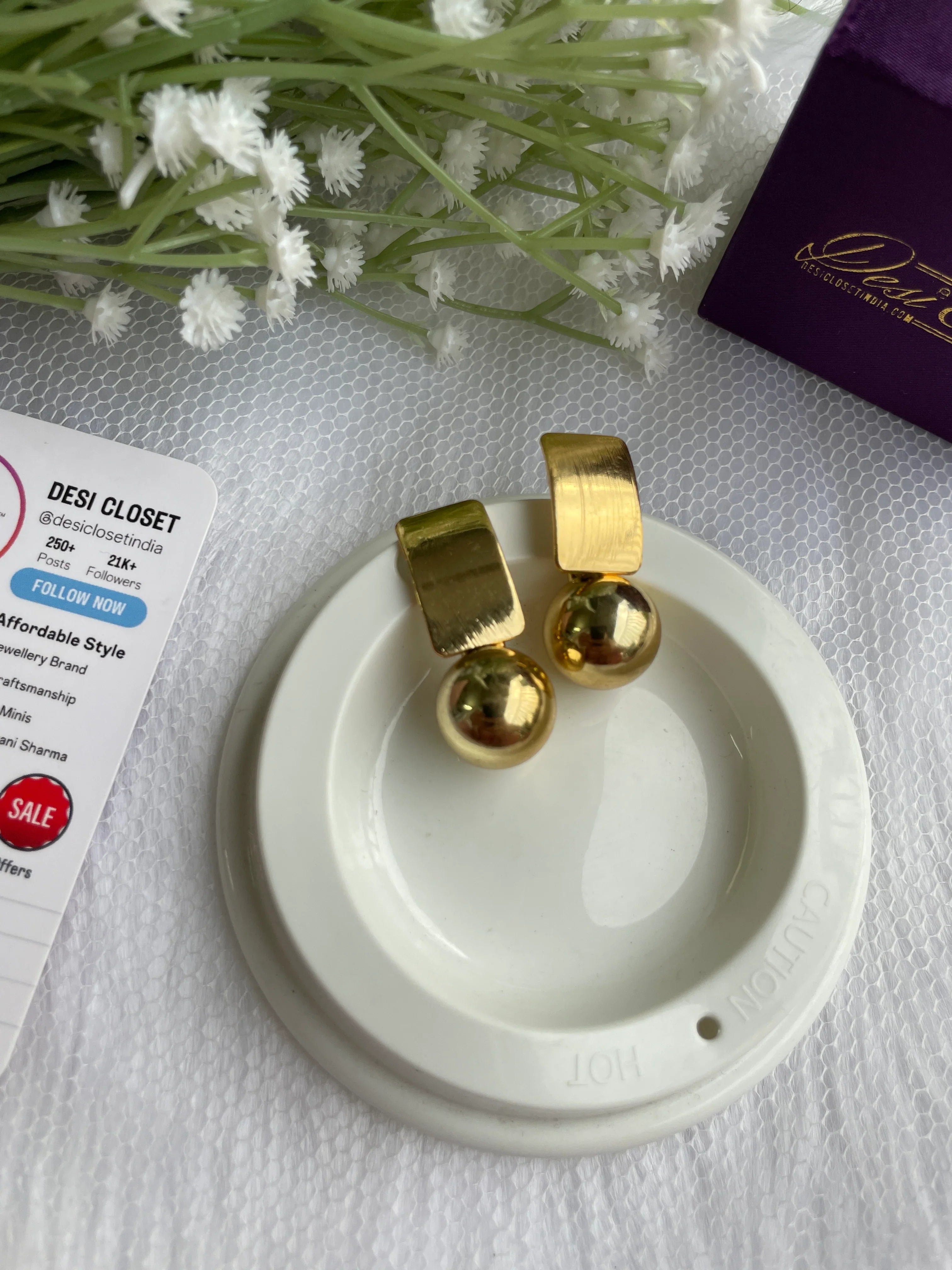 Gold Square Gold Ball Drop Earrings