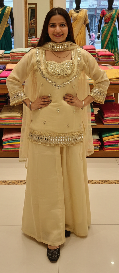 creme colour  fabric  tissue silk with original miror work partywear dress (Z0548)