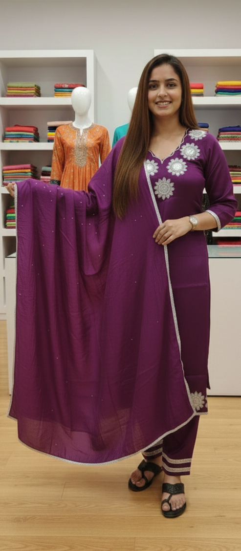 Purple colour glass silk fabric 3 piece suit (Z0562)