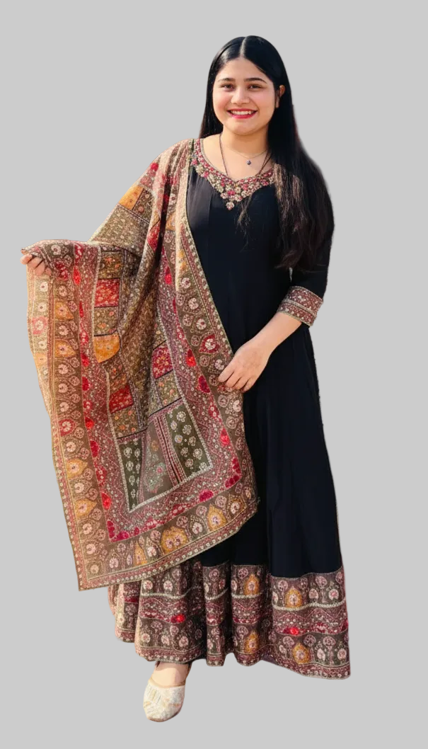 Black colour chinon fabric partywear  Anarkali (Z0549)