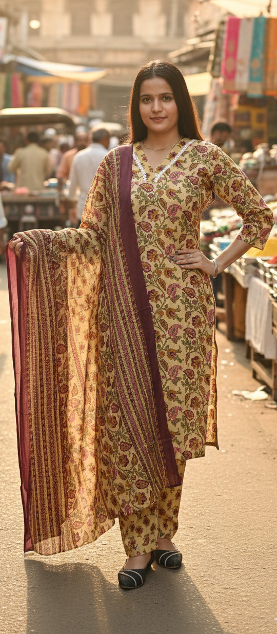 Cream  colour kalamkari fabric pure cotton 3 piece suite (Z0529)