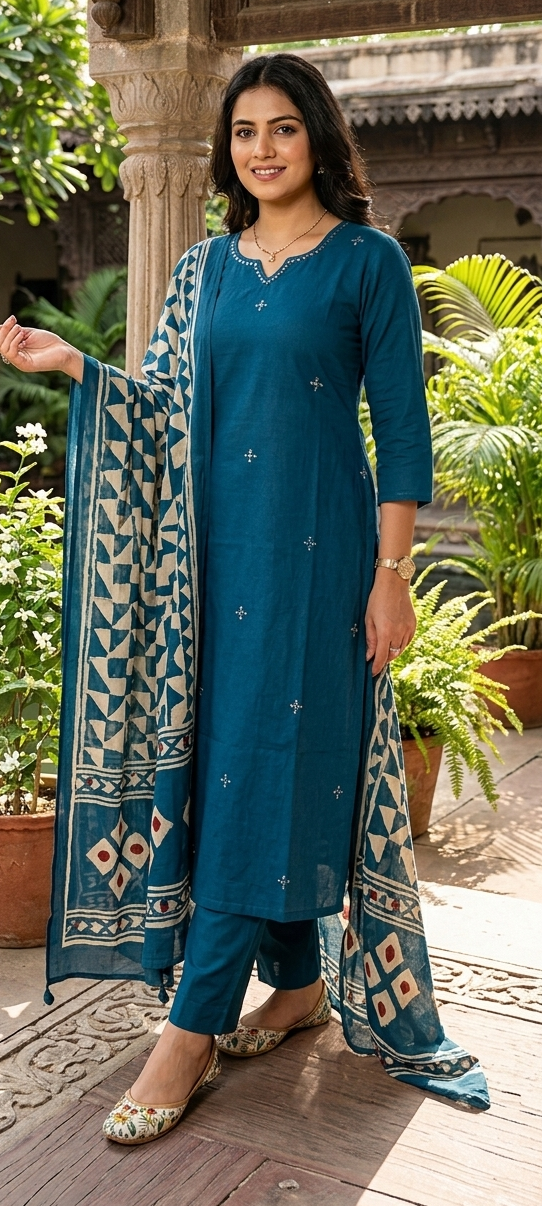 Blue colour cotton fabric 3 piece suit (Z0619)
