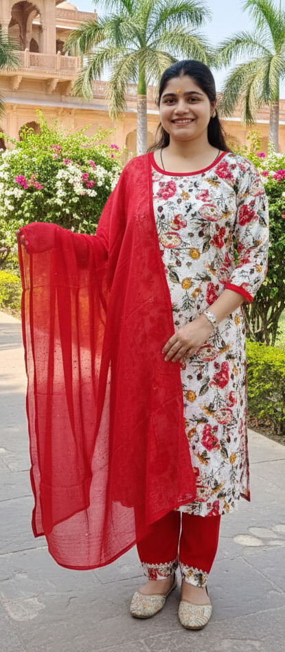 White and red colour reyon cotton fabric (Z0533)