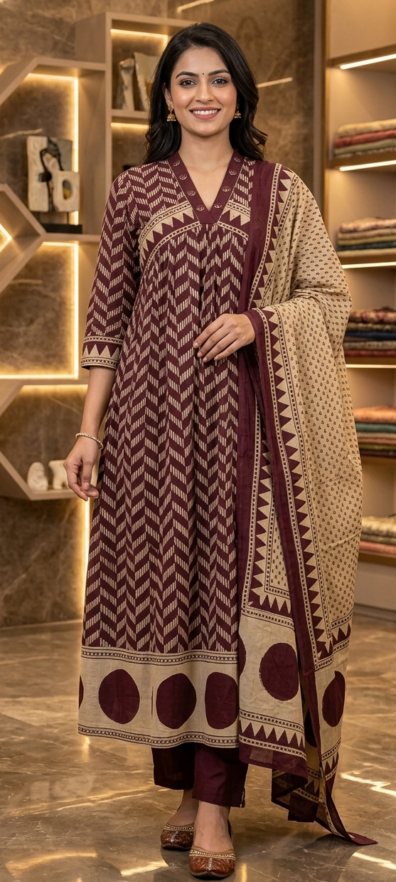 Maroon colour cotton fabric anarkali 3 piece suit (Z0612)