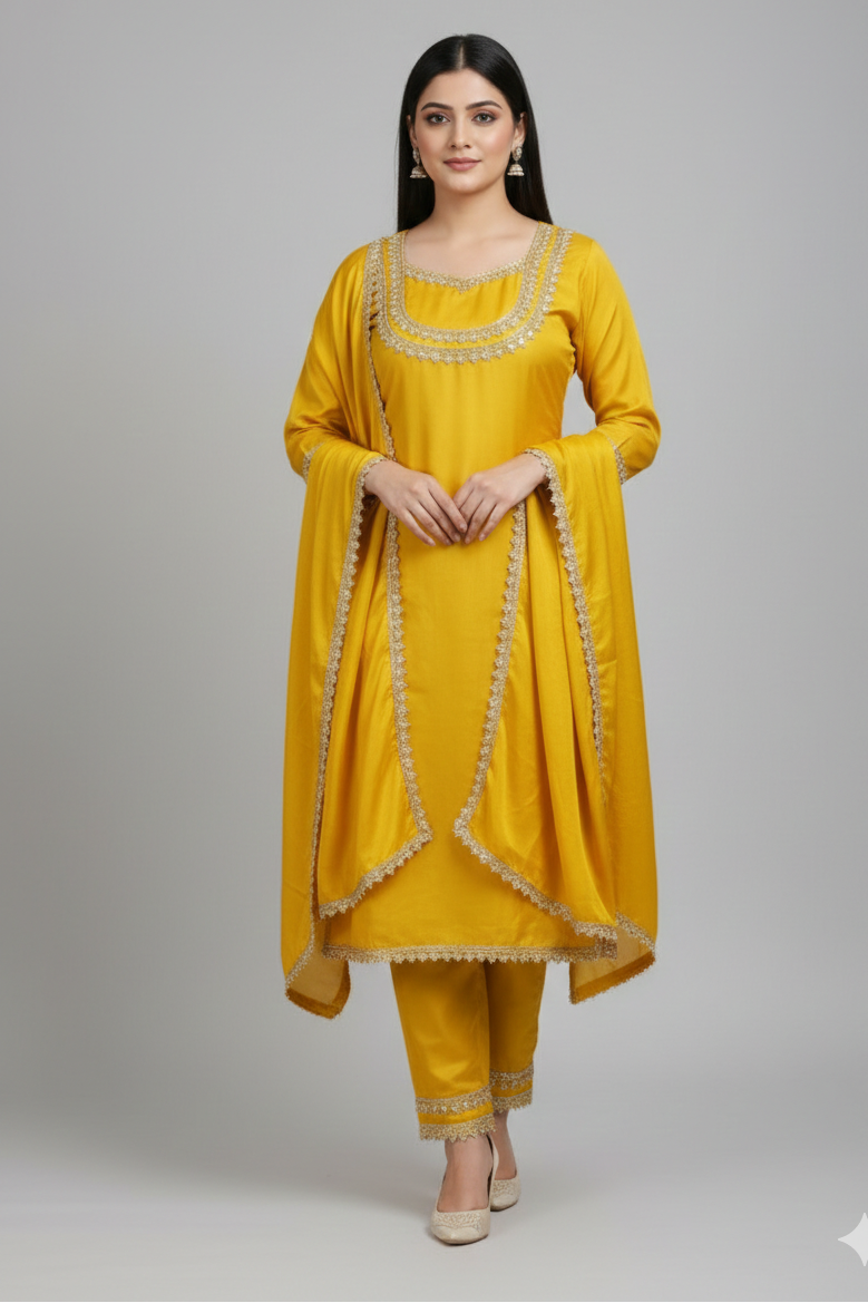 Yellow colour roman simar Party wear 3 piece suit (Z0489)