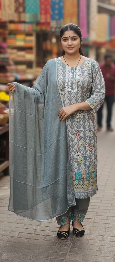 Grey colour Reyon cotton 3 piece suite (Z0540)