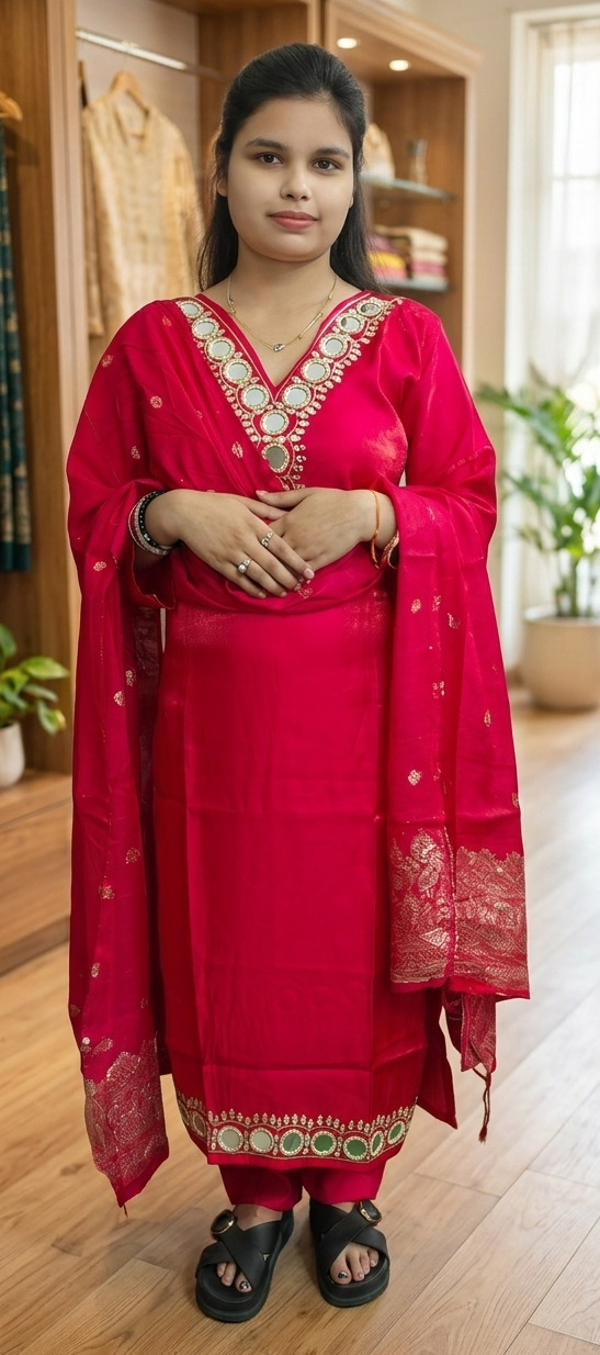 Pink colour glass silk fabric 3 piece suit (Z0588)