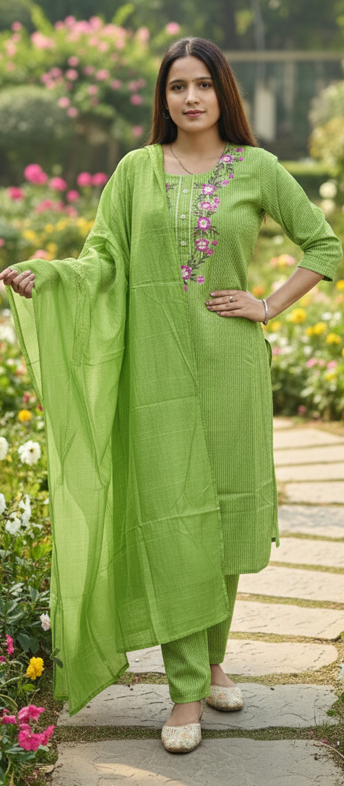 Green colour plus size  pure cotton 3 piece suit (Z0498)