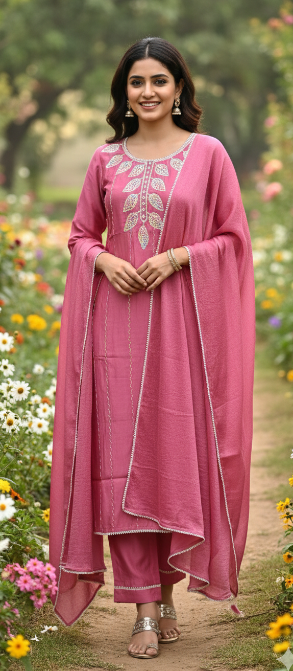 Pink colour  cotton silk Fabric 3 piece suit (Z0528)