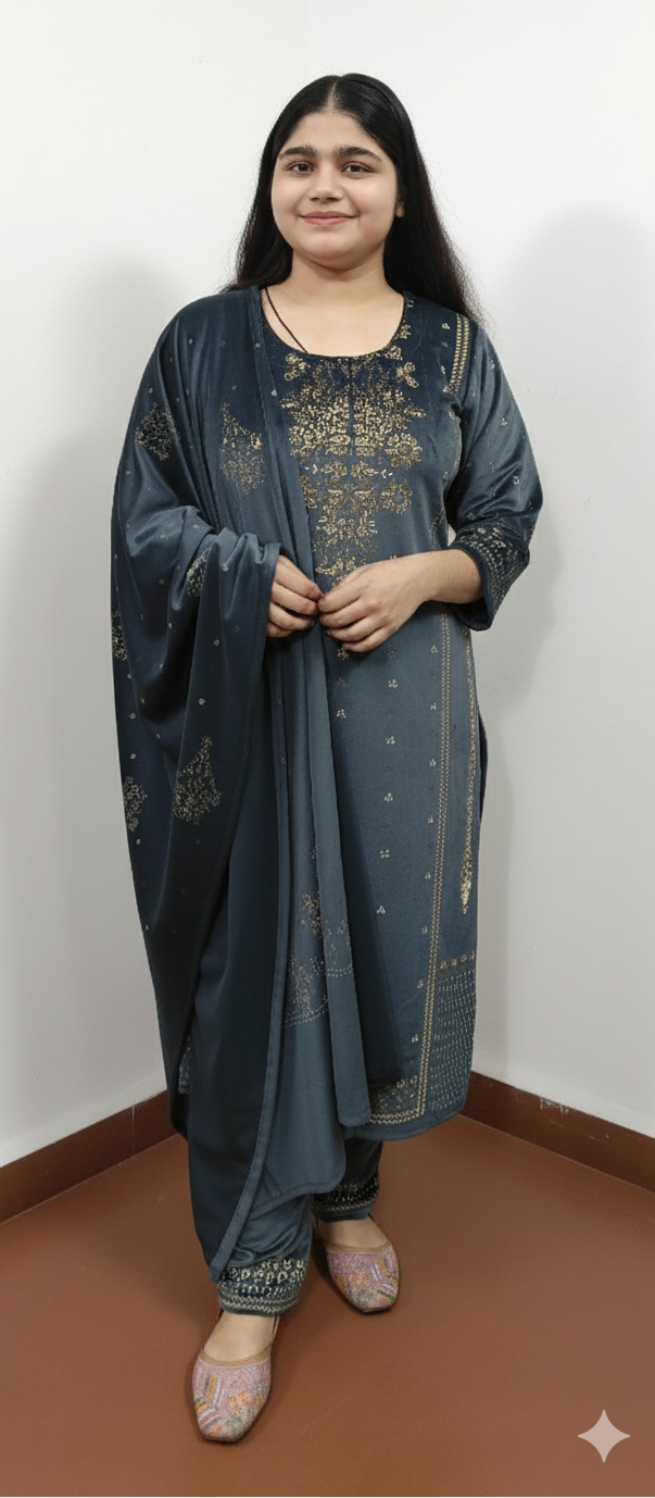 Grey Colour 3 Piece  Velvet Suit (ZO438)