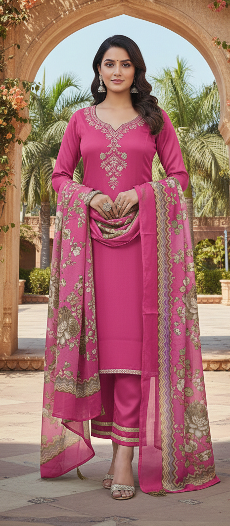 Pink colour glass silk fabric 3 piece suit (Z0585)