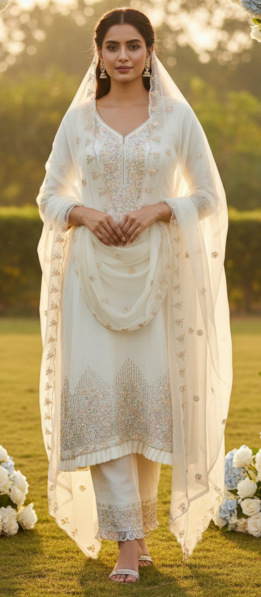 White Colour Chinon fabric Party wear 3 Piece suit (Z0496)