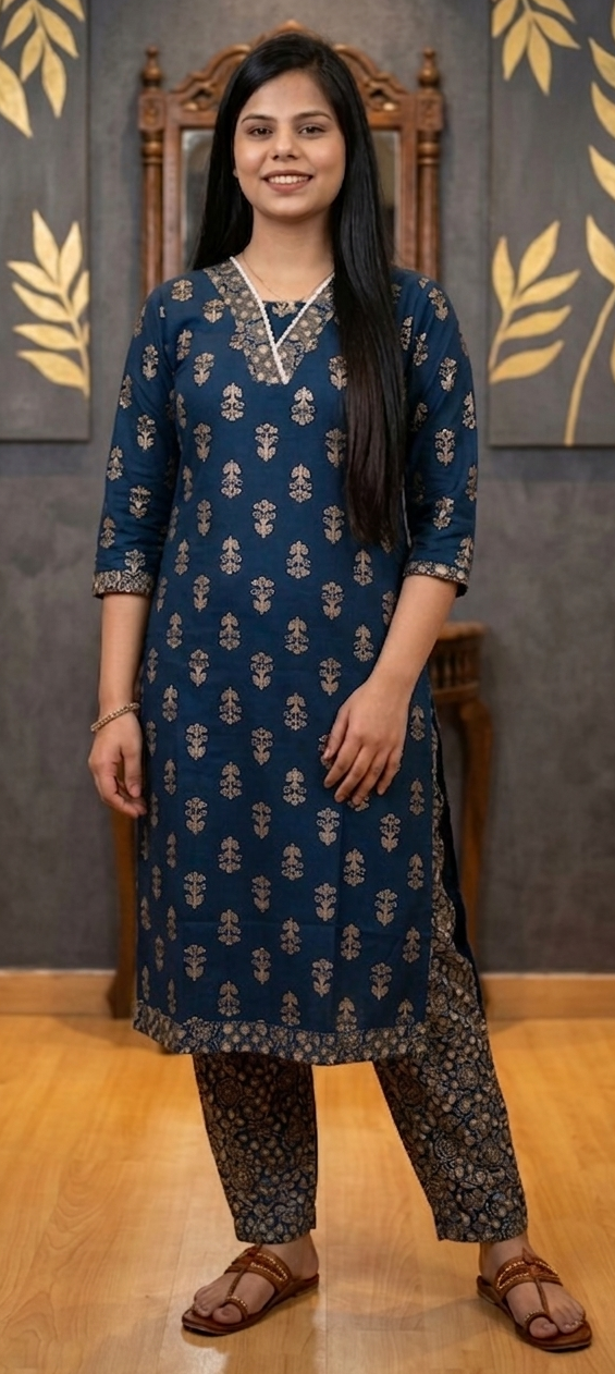 Blue colour cotton fabric Printed 3 piece suit (Z0638)